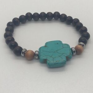 New Wood Beads‎ Bracelet with Howlite Turquoise Cross